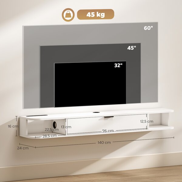 HOMCOM Mobile TV sospeso fino a 60" con cassetto ribaltabile e 2 ripiani, 140x24x16 cm, bianco | Aosom Italy
