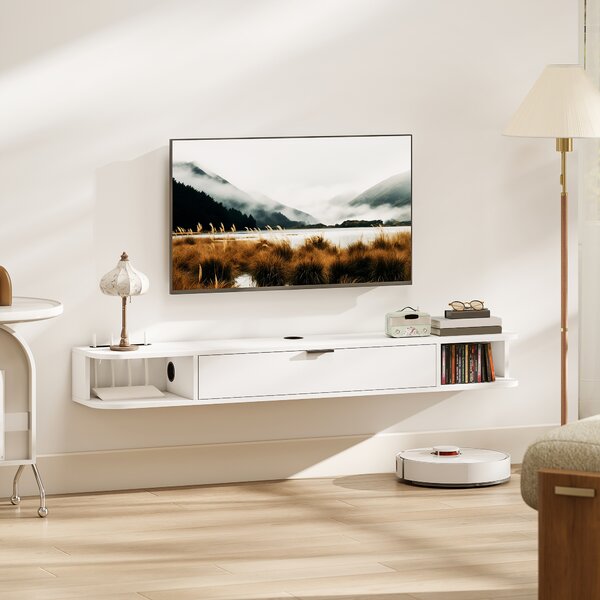 HOMCOM Mobile TV sospeso fino a 60" con cassetto ribaltabile e 2 ripiani, 140x24x16 cm, bianco | Aosom Italy
