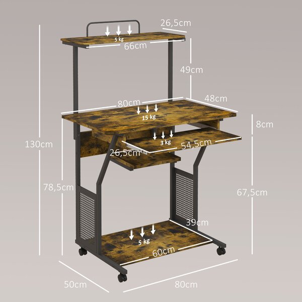 HOMCOM Scrivania per computer su ruote con ripiani e piano tastiera, 80x50x130 cm, marrone | Aosom Italy