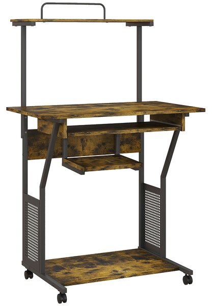 HOMCOM Scrivania per computer su ruote con ripiani e piano tastiera, 80x50x130 cm, marrone | Aosom Italy