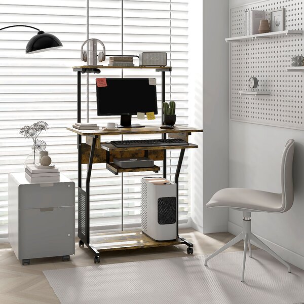 HOMCOM Scrivania per computer su ruote con ripiani e piano tastiera, 80x50x130 cm, marrone | Aosom Italy