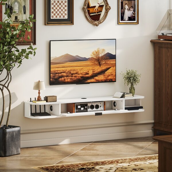 HOMCOM Mobile TV sospeso fino a 60" con cassetto ribaltabile e 2 ripiani, 140x24x16 cm, bianco | Aosom Italy