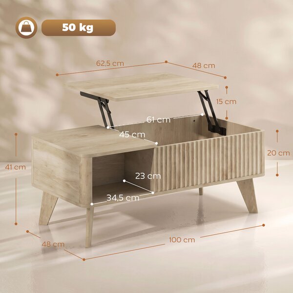 HOMCOM Tavolino sollevabile con vano nascosto e 2 mensole, 100x48x41 cm, rovere | Aosom Italy