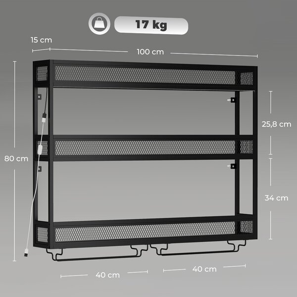 HOMCOM Portabottiglie da Parete con Luci LED, Stile Industriale, Metallo Nero | Aosom Italy