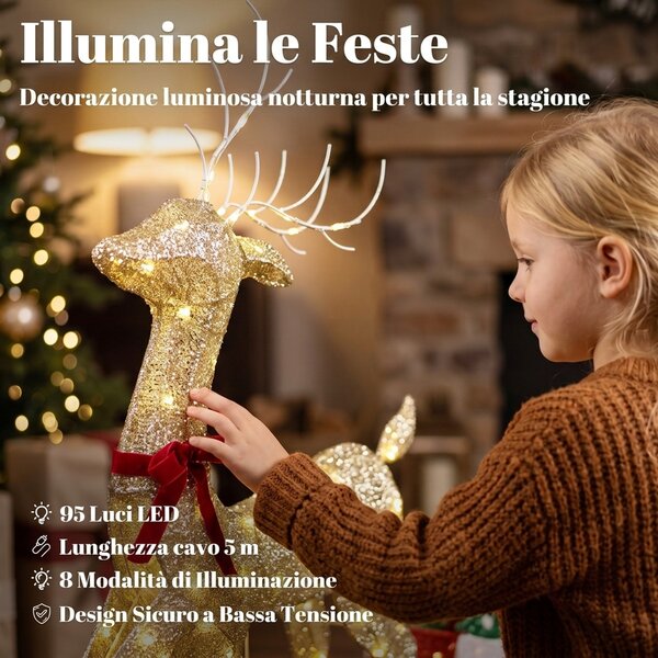 Outsunny Renna Natalizia Illuminata con Slitta con 95 LED Bianco Caldo, 8 Modalità di Illuminazione e Timer, Oro | Aosom Italy