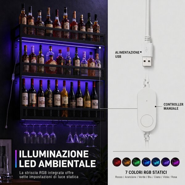 HOMCOM Portabottiglie da Parete con Luci LED, Stile Industriale, Metallo Nero | Aosom Italy