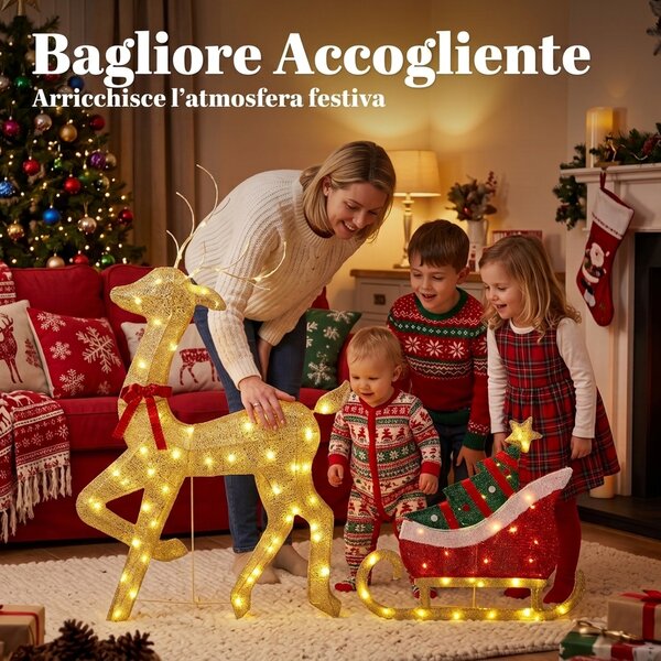 Outsunny Renna Natalizia Illuminata con Slitta con 95 LED Bianco Caldo, 8 Modalità di Illuminazione e Timer, Oro | Aosom Italy
