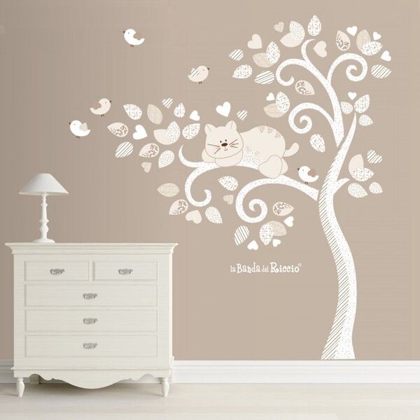 Alberi Albero vento con Gatto e Uccellini Azzurro - Adesivi Murali per Bambini