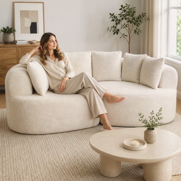 HOMCOM Divano 3 posti curvo in ciniglia 188 cm con seduta profonda e 6 cuscini, crema | Aosom Italy
