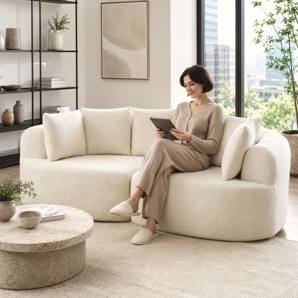HOMCOM Divano 3 posti curvo in ciniglia 188 cm con seduta profonda e 6 cuscini, crema | Aosom Italy
