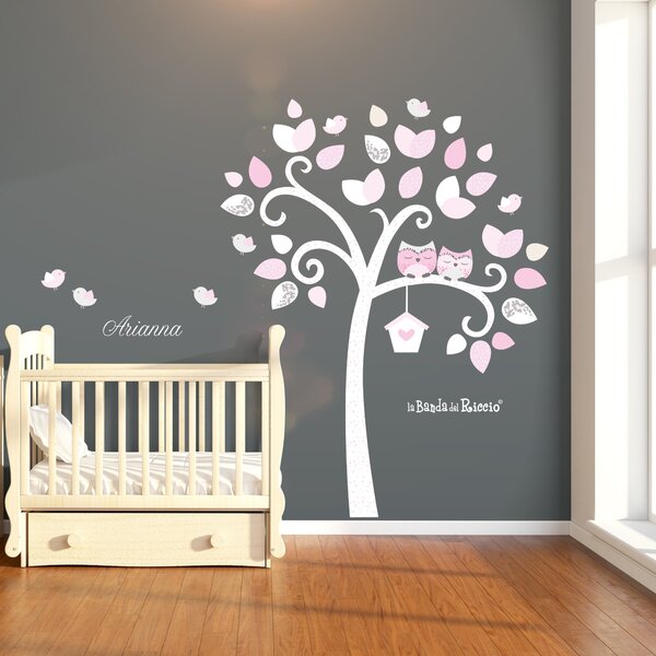 Alberi Albero dei Gufetti Grigio/Rosa - Adesivi Murali per Bambini