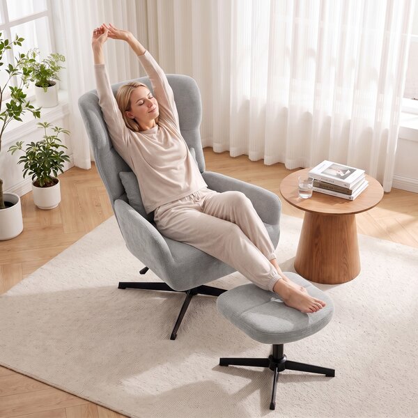 HOMCOM Poltrona lounge girevole 360° con pouf e altezza regolabile, bianco crema | Aosom Italy