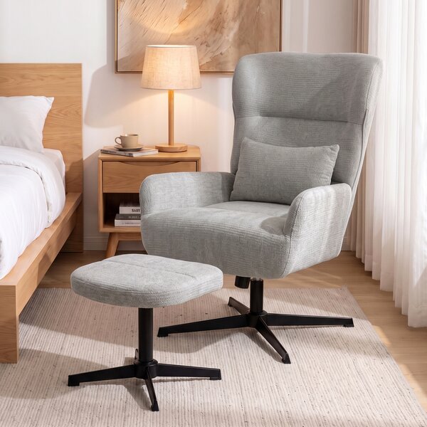 HOMCOM Poltrona lounge girevole 360° con pouf e altezza regolabile, bianco crema | Aosom Italy
