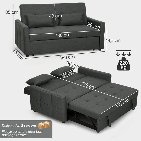 HOMCOM Divano letto 2 posti clic clac con 2 cuscini in tessuto, grigio scuro | Aosom Italy