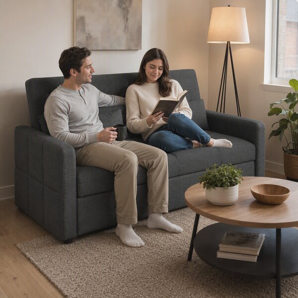 HOMCOM Divano letto 2 posti clic clac con 2 cuscini in tessuto, grigio scuro | Aosom Italy