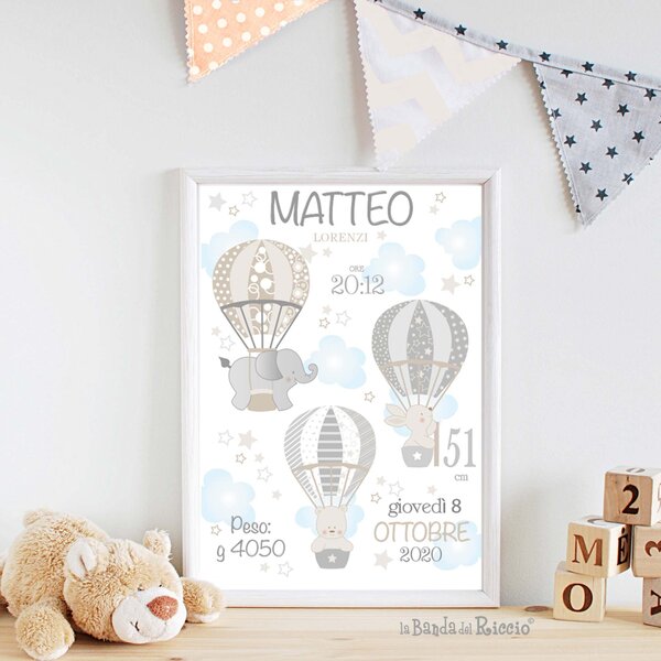 Quadretti Nascita Quadretto nascita Le Mongolfiere 2 Grigio/Beige - Adesivi Murali per Bambini