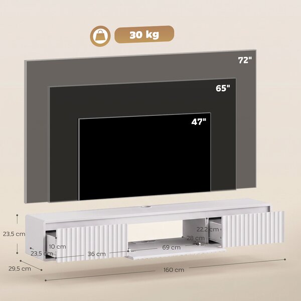 HOMCOM Mobile TV sospeso 160 cm con LED e prese per TV fino a 182,88 cm, bianco | Aosom Italy