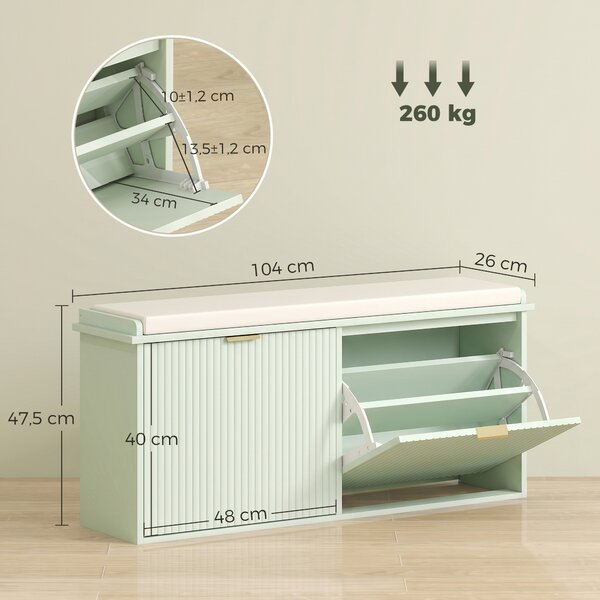 HOMCOM Panca scarpiera con cuscino e cassetto ribaltabile 104x26x47,5 cm, verde | Aosom Italy