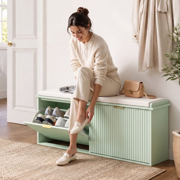 HOMCOM Panca scarpiera con cuscino e cassetto ribaltabile 104x26x47,5 cm, verde | Aosom Italy