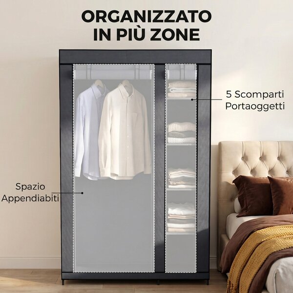 HOMCOM Armadio in tessuto con barra appendiabiti e 5 ripiani 110x45x175 cm, grigio | Aosom Italy