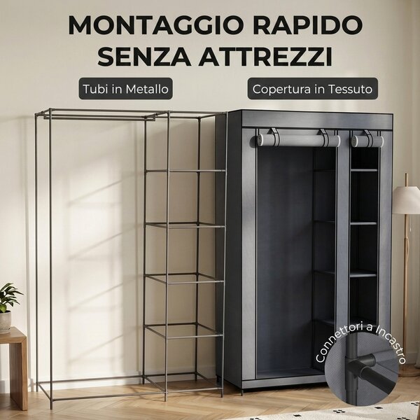 HOMCOM Armadio in tessuto con barra appendiabiti e 5 ripiani 110x45x175 cm, grigio | Aosom Italy