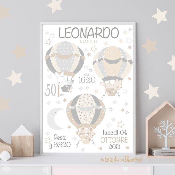 Quadretti Nascita Quadretto nascita Le Mongolfiere 4 Grigio/Beige - Adesivi Murali per Bambini