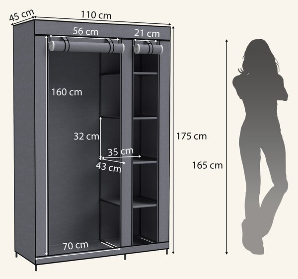 HOMCOM Armadio in tessuto con barra appendiabiti e 5 ripiani 110x45x175 cm, grigio | Aosom Italy