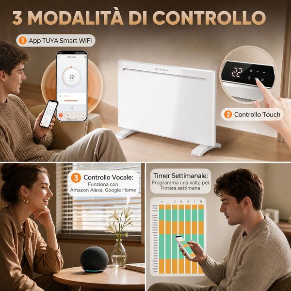 HOMCOM Stufa Elettrica 1500W Termoconvettore Elettrica da Parete e Terra, Compatibile con Alexa e Google Home, Bianco | Aosom Italy
