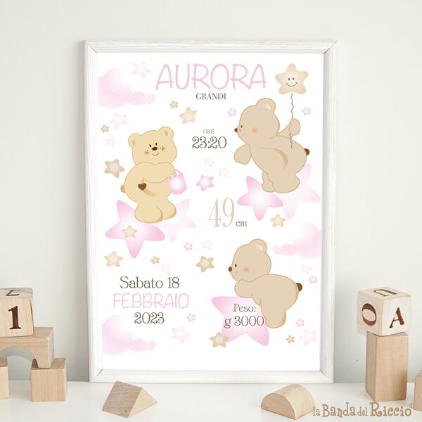 Quadretti Nascita Quadretto nascita Orsetti sulle Stelle Rosa - Adesivi Murali per Bambini