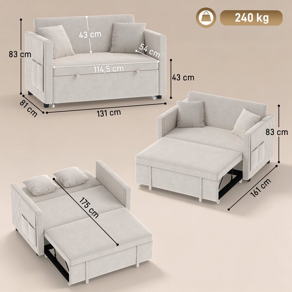 HOMCOM Divano letto 2 posti 3 in 1 clic clac in velluto con schienale regolabile, beige | Aosom Italy