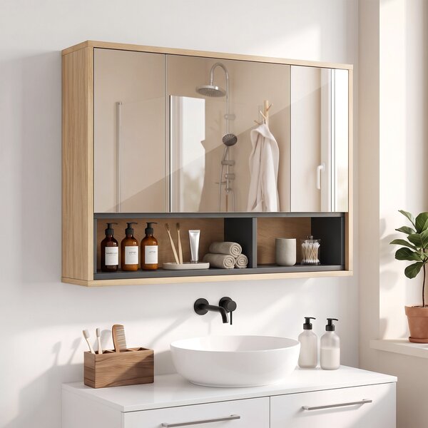 HOMCOM Mobile bagno da parete con specchio, 3 ante e 8 scomparti, rovere | Aosom Italy