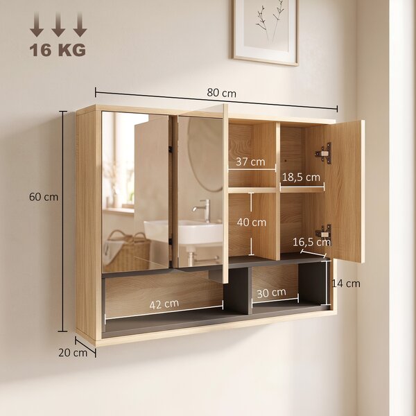 HOMCOM Mobile bagno da parete con specchio, 3 ante e 8 scomparti, rovere | Aosom Italy