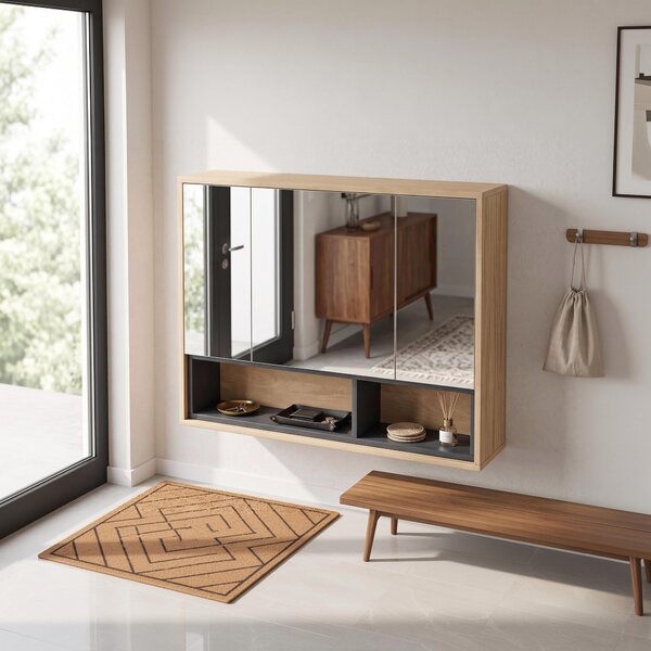 HOMCOM Mobile bagno da parete con specchio, 3 ante e 8 scomparti, rovere | Aosom Italy