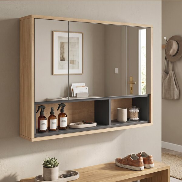 HOMCOM Mobile bagno da parete con specchio, 3 ante e 8 scomparti, rovere | Aosom Italy