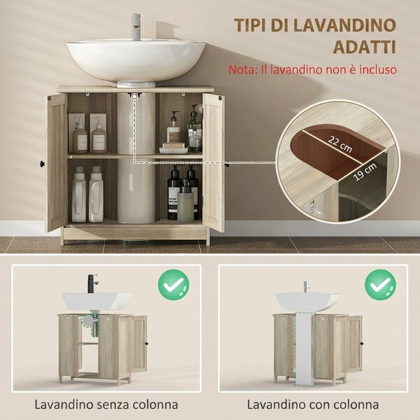 HOMCOM Mobile sottolavabo con 2 ante e ripiano regolabile 60x30x60 cm, grigio effetto legno | Aosom Italy