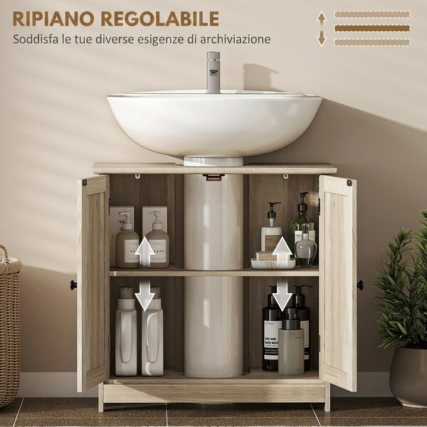 HOMCOM Mobile sottolavabo con 2 ante e ripiano regolabile 60x30x60 cm, grigio effetto legno | Aosom Italy