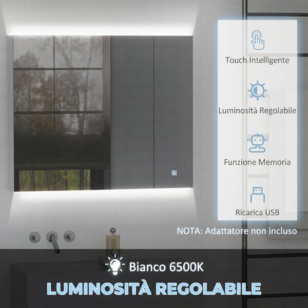 Kleankin Specchio bagno contenitore LED con ante soft-close e dimmer, 90x15x75 cm, bianco | Aosom Italy