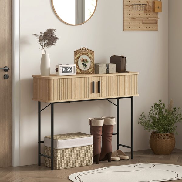 HOMCOM Consolle da ingresso con scomparti e ante scorrevoli, 100x30x80 cm, rovere | Aosom Italy