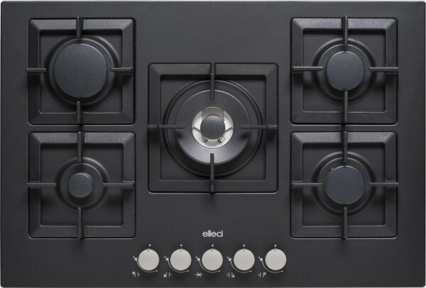 ELLECI Piano Cottura 5 Fuochi a Gas Larghezza 75 cm (1 Bruciatore Tripla Corona) in Granitek colore Nero - PGSP75140CS Plano 75 TCC