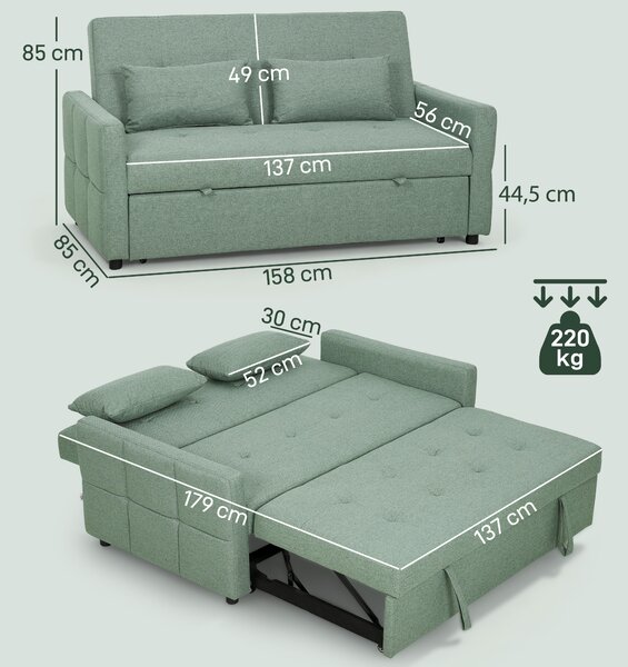HOMCOM Divano letto 2 posti 3 in 1 clic clac 160 cm con schienale regolabile, verde | Aosom Italy