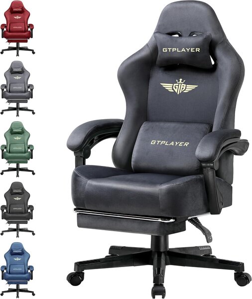 Sedia da gaming rivestita in tessuto con cuscino a molle, sedie da gaming grandi e alte, 350 libbre, sedia da computer con schienale alto e poggiapiedi, ideale per adulti, con supporto lombare