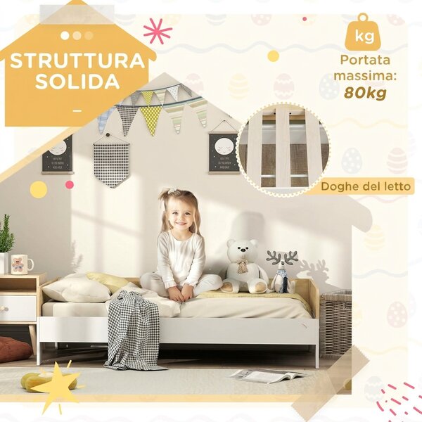 AIYAPLAY Letto per bambini 3-8 anni 143,5x74 cm con pannelli laterali alti, bianco | Aosom Italy