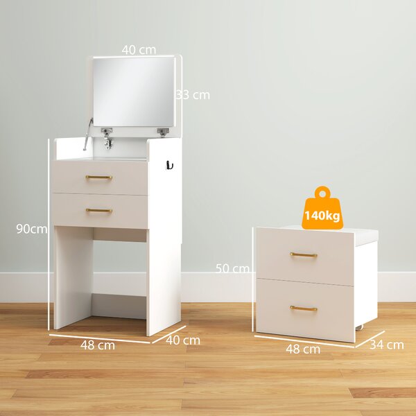 HOMCOM Postazione Trucco 3 in 1 con Specchio a Ribalta, Sgabello a Scomparsa, 3 Cassetti, Piano in Vetro, Bianco | Aosom Italy