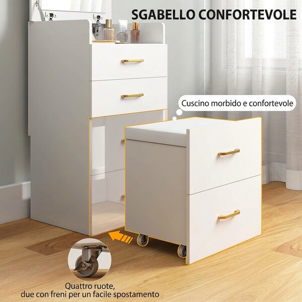 HOMCOM Postazione Trucco 3 in 1 con Specchio a Ribalta, Sgabello a Scomparsa, 3 Cassetti, Piano in Vetro, Bianco | Aosom Italy
