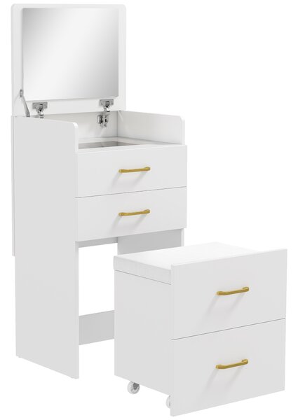 HOMCOM Postazione Trucco 3 in 1 con Specchio a Ribalta, Sgabello a Scomparsa, 3 Cassetti, Piano in Vetro, Bianco | Aosom Italy