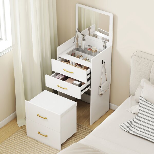 HOMCOM Postazione Trucco 3 in 1 con Specchio a Ribalta, Sgabello a Scomparsa, 3 Cassetti, Piano in Vetro, Bianco | Aosom Italy