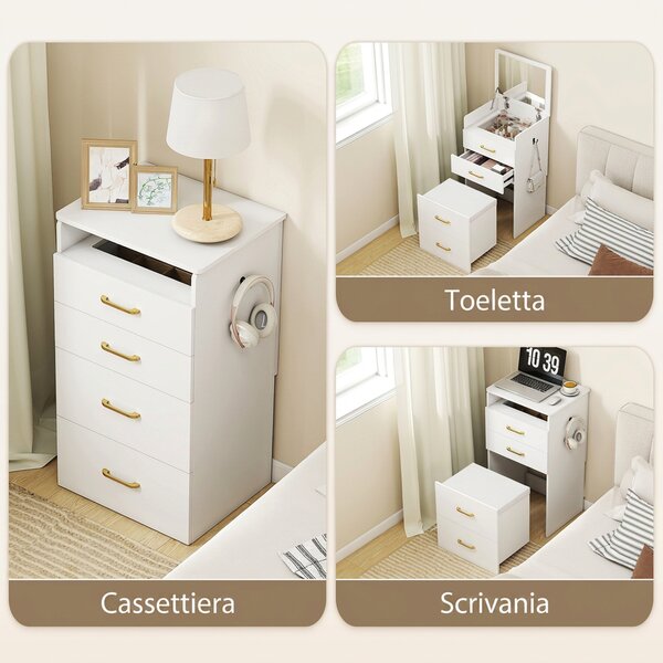 HOMCOM Postazione Trucco 3 in 1 con Specchio a Ribalta, Sgabello a Scomparsa, 3 Cassetti, Piano in Vetro, Bianco | Aosom Italy
