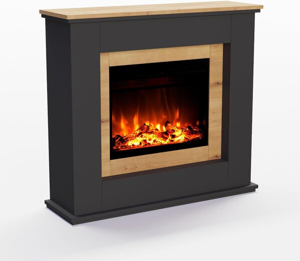 Camino elettrico a pavimento, freestanding, finitura effetto legno nero, 1500 Watt, con effetto fiamme