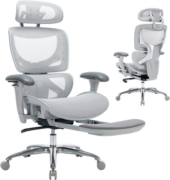 Sedia da ufficio ergonomica con struttura a rete, poggiapiedi, schienale alto e poggiatesta regolabile, braccioli 3D e supporto lombare, colore grigio