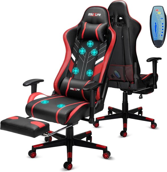 Sedia da gaming Douxlif, con massaggio a 7 punti, sedia ergonomica da ufficio con poggiapiedi, schienale regolabile da 90 a 175°, braccioli regolabili in 2 dimensioni, ideale per il gaming su PC